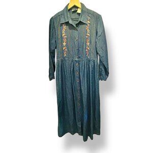 Vintage Cottagecore Denim Embroidered Prairie Dress Size Medium Back Tie Bird